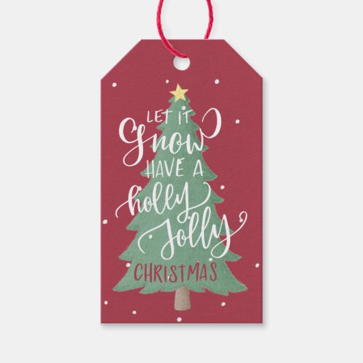 クリスマスツリータイポグラフィレッドブルガンディセージグリーン ギフトタグ (正面)