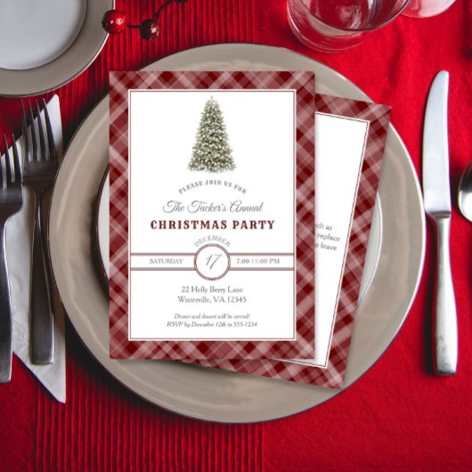 クリスマスツリーダークレッドプレイドクリスマスパーティー 招待状