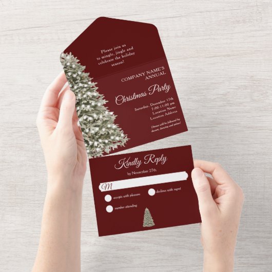 クリスマスツリーダークレッド会社ホリデーパーティー オールインワン招待状 (貼ってはがせる)