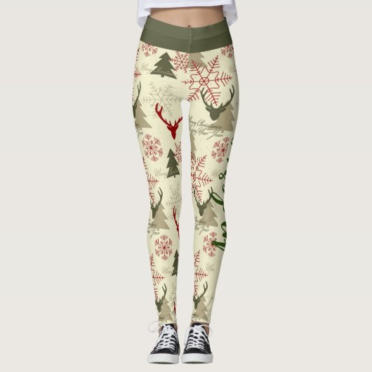 クリスマスツリーディアグリーンレッドパターン名フェスティバル レギンス (正面)