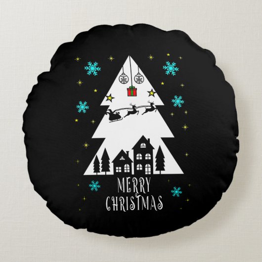 クリスマスツリーデザインとスライブラック ラウンドクッション (正面)