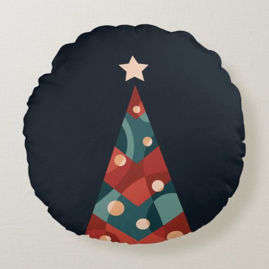 クリスマスツリーデザイン、レッドブルー抽象芸術レトロ ラウンドクッション (正面)