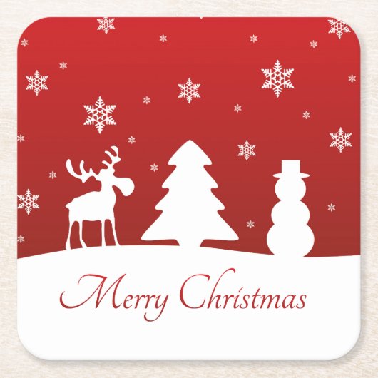 クリスマスツリートナカイ雪だるま スクエアペーパーコースター (正面)