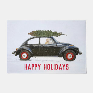 クリスマスツリードアマと車のゴールデンレトリバー ドアマット