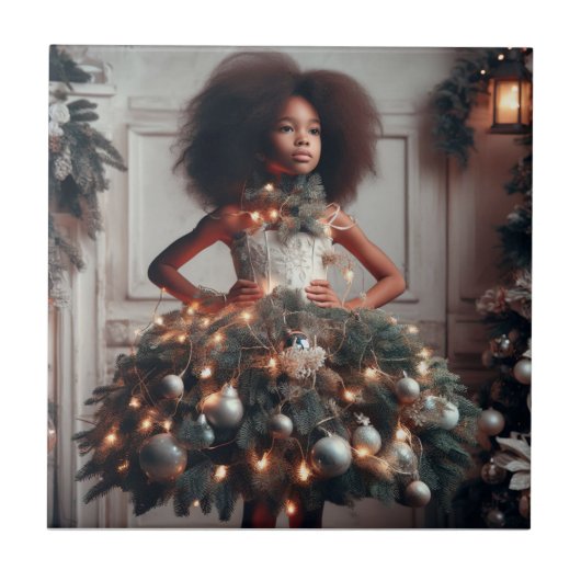 クリスマスツリードレスを着た女の子 タイル (正面)