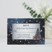 クリスマスツリーネイビーブルーシャイニースターズホリデー 出欠カード (スタンド正面)