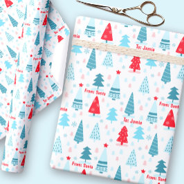 クリスマスツリーノルディシンプルック名前をカスタムするブルーレッド ラッピングペーパー