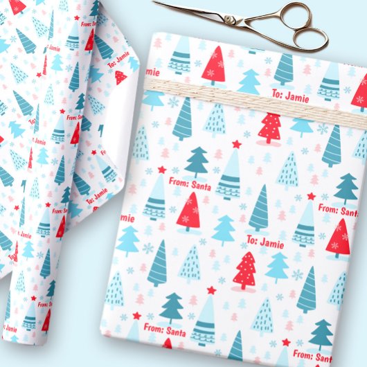 クリスマスツリーノルディシンプルック名前をカスタムするブルーレッド ラッピングペーパー