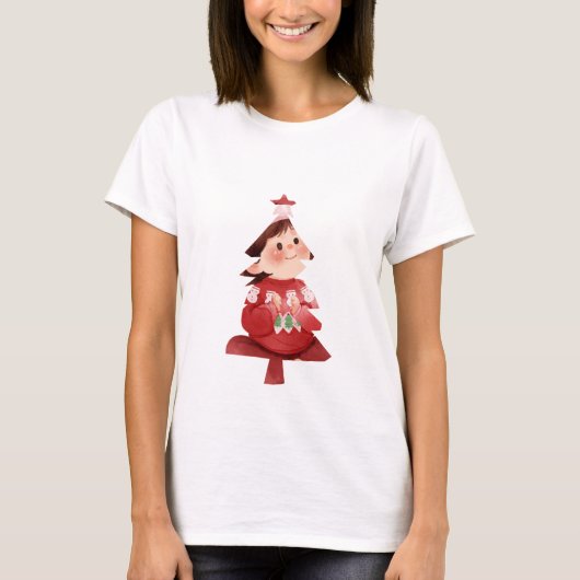 クリスマスツリーハットの可愛い女の子 Tシャツ (正面)