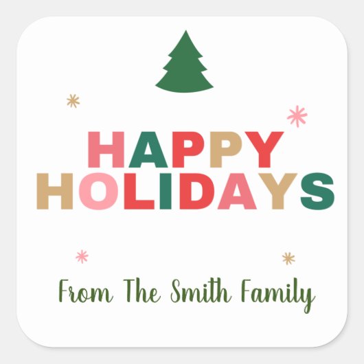クリスマスツリーハッピーホリデーズギフトラベル スクエアシール (正面)