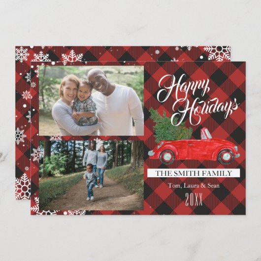 クリスマスツリーバッファロープレイドフォトクリスマスカード 招待状 (正面/裏面)