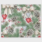 クリスマスツリーパインコーンとクラフトハート雪 ラッピングペーパー (フラット)