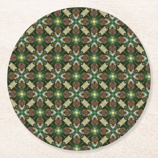 クリスマスツリーパインコーンのパターン ラウンドペーパーコースター (正面)