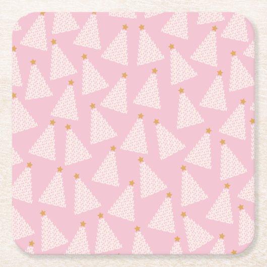 クリスマスツリーパターンピンク スクエアペーパーコースター (正面)