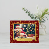 クリスマスツリーパターンレッドフォト金ゴールド 箔シーズンポストカード (立ち正面)