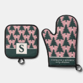 クリスマスツリーパターン ピンク 緑 モノグラム 鍋つかみ&鍋敷きセット (正面)