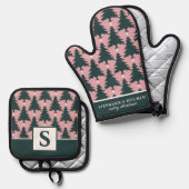 クリスマスツリーパターン ピンク 緑 モノグラム 鍋つかみ&鍋敷きセット (正面/裏面)