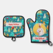 クリスマスツリーパーソナライズされたの写真と名前のギフト 鍋つかみ&鍋敷きセット (正面)