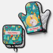 クリスマスツリーパーソナライズされたの写真と名前のギフト 鍋つかみ&鍋敷きセット (正面/裏面)