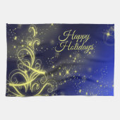 クリスマスツリーパーティー金ゴールドスターズネイビーブルーホリデーズ キッチンタオル (横)