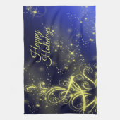 クリスマスツリーパーティー金ゴールドスターズネイビーブルーホリデーズ キッチンタオル (縦)
