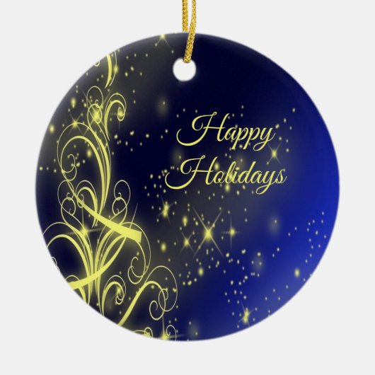 クリスマスツリーパーティー金ゴールドスターズネイビーブルーホリデーズ セラミックオーナメント (正面)