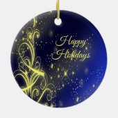クリスマスツリーパーティー金ゴールドスターズネイビーブルーホリデーズ セラミックオーナメント (裏面)