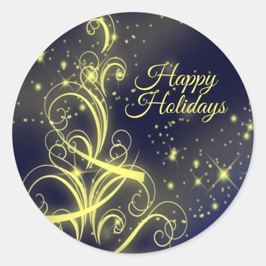 クリスマスツリーパーティー金ゴールドスターズネイビーブルーホリデーズ ラウンドシール (正面)