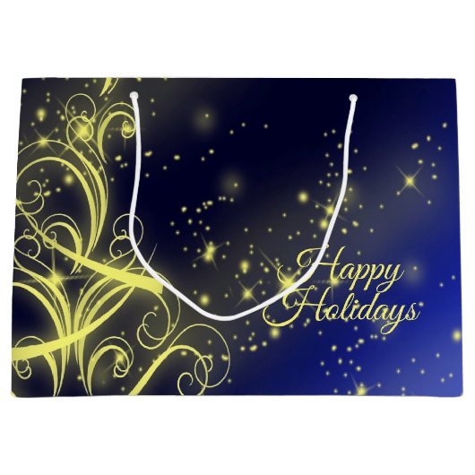 クリスマスツリーパーティー金ゴールドスターズネイビーブルーホリデーズ ラージペーパーバッグ (正面)