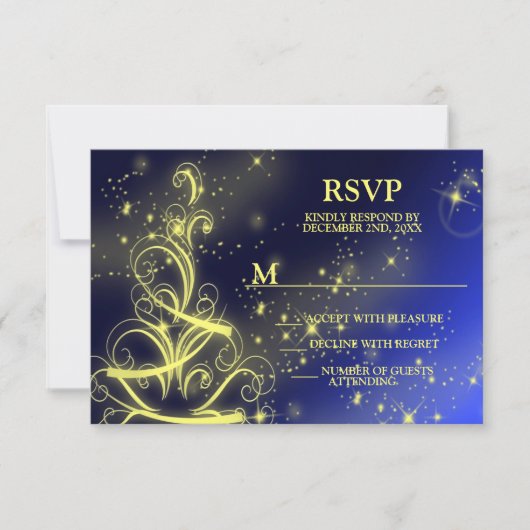 クリスマスツリーパーティー金ゴールドスターズネイビーブルーホリデーズ 出欠カード (正面)