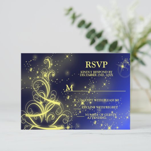 クリスマスツリーパーティー金ゴールドスターズネイビーブルーホリデーズ 出欠カード (スタンド正面)