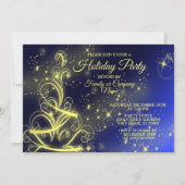 クリスマスツリーパーティー ゴールドスター ネイビーブルー ホリデー 招待状 (正面)
