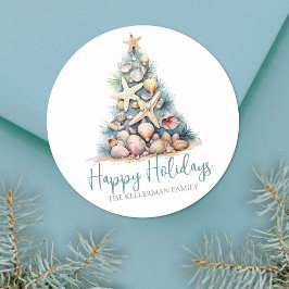 クリスマスツリービーチハッピーホリデイズ ラウンドシール