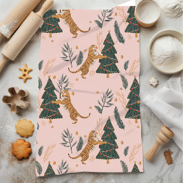 「クリスマスツリーピンクのヴィンテージクリスマスタイガー キッチンタオル