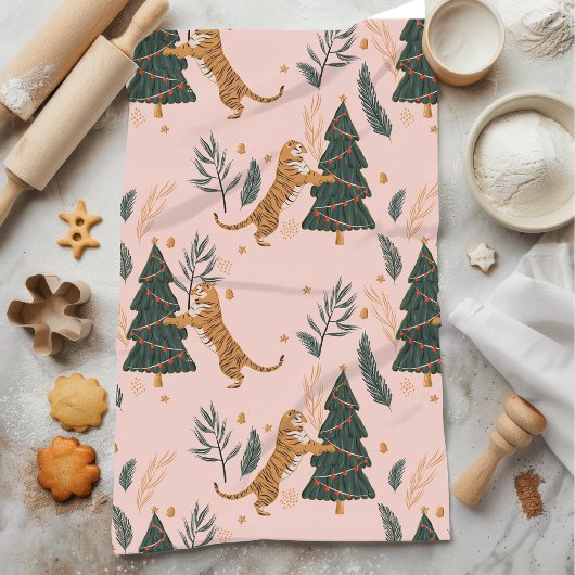 「クリスマスツリーピンクのヴィンテージクリスマスタイガー キッチンタオル