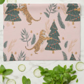 「クリスマスツリーピンクのヴィンテージクリスマスタイガー キッチンタオル (折り畳み)