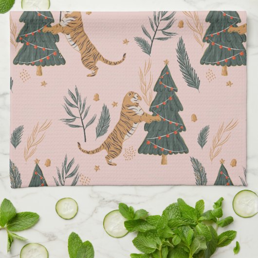 「クリスマスツリーピンクのヴィンテージクリスマスタイガー キッチンタオル (折り畳み)