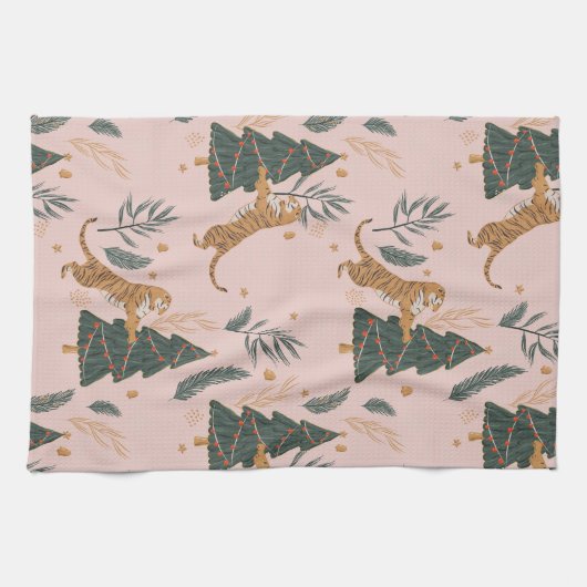 「クリスマスツリーピンクのヴィンテージクリスマスタイガー キッチンタオル (横)