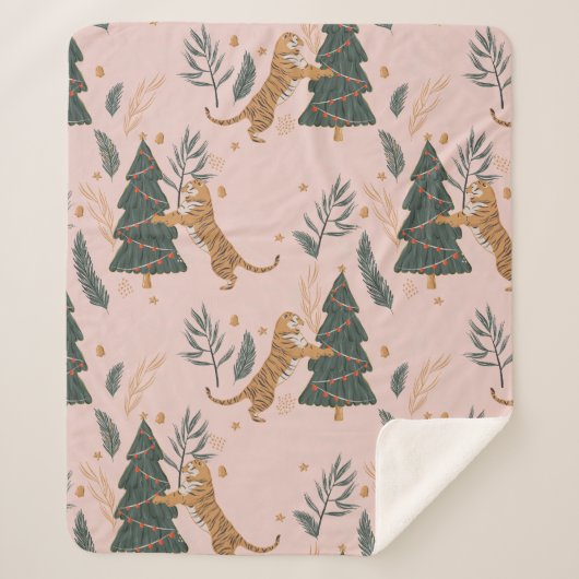 「クリスマスツリーピンクのヴィンテージクリスマスタイガー シェルパブランケット (正面)