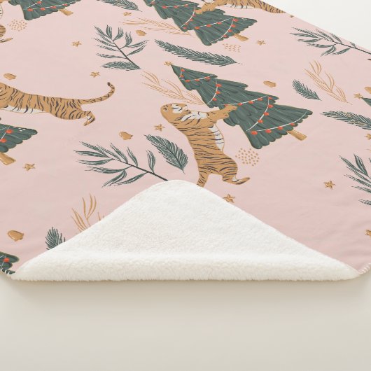 「クリスマスツリーピンクのヴィンテージクリスマスタイガー シェルパブランケット (3/4)