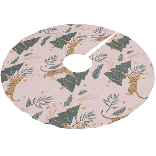 「クリスマスツリーピンクのヴィンテージクリスマスタイガー ブラッシュドポリエステルツリースカート (アングル)