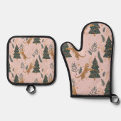 「クリスマスツリーピンクのヴィンテージクリスマスタイガー 鍋つかみ&鍋敷きセット (正面)