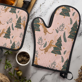 「クリスマスツリーピンクのヴィンテージクリスマスタイガー 鍋つかみ&鍋敷きセット