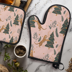 「クリスマスツリーピンクのヴィンテージクリスマスタイガー 鍋つかみ&鍋敷きセット