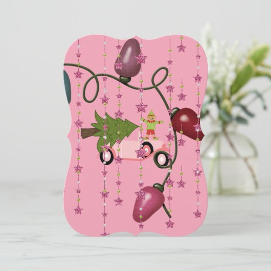 クリスマスツリーピンクカー小妖精や小人フラットグリーティングカード カード (スタンド正面)