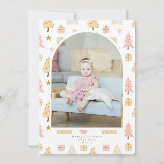 クリスマスツリーピンクパターンフォトホパーソナライズされたール シーズンカード (正面)
