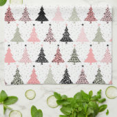 クリスマスツリーピンク&緑(白い背景) キッチンタオル (折り畳み)