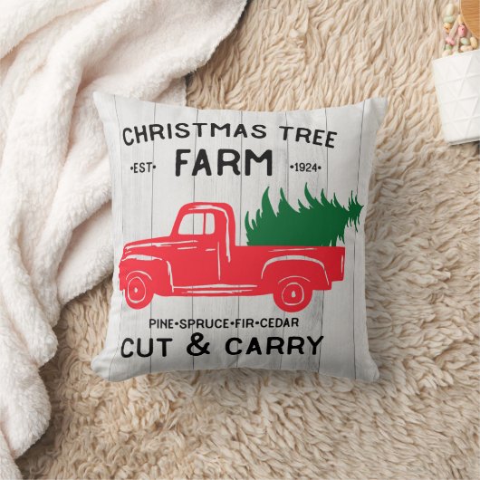 クリスマスツリーファームとヴィンテージ赤トラック枕 クッション (ブランケット)