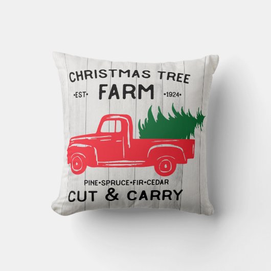 クリスマスツリーファームとヴィンテージ赤トラック枕 クッション (正面)
