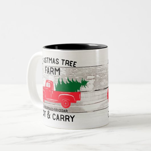 クリスマスツリーファームと赤ヴィンテージトラック&ツリー ツートーンマグカップ (正面左)
